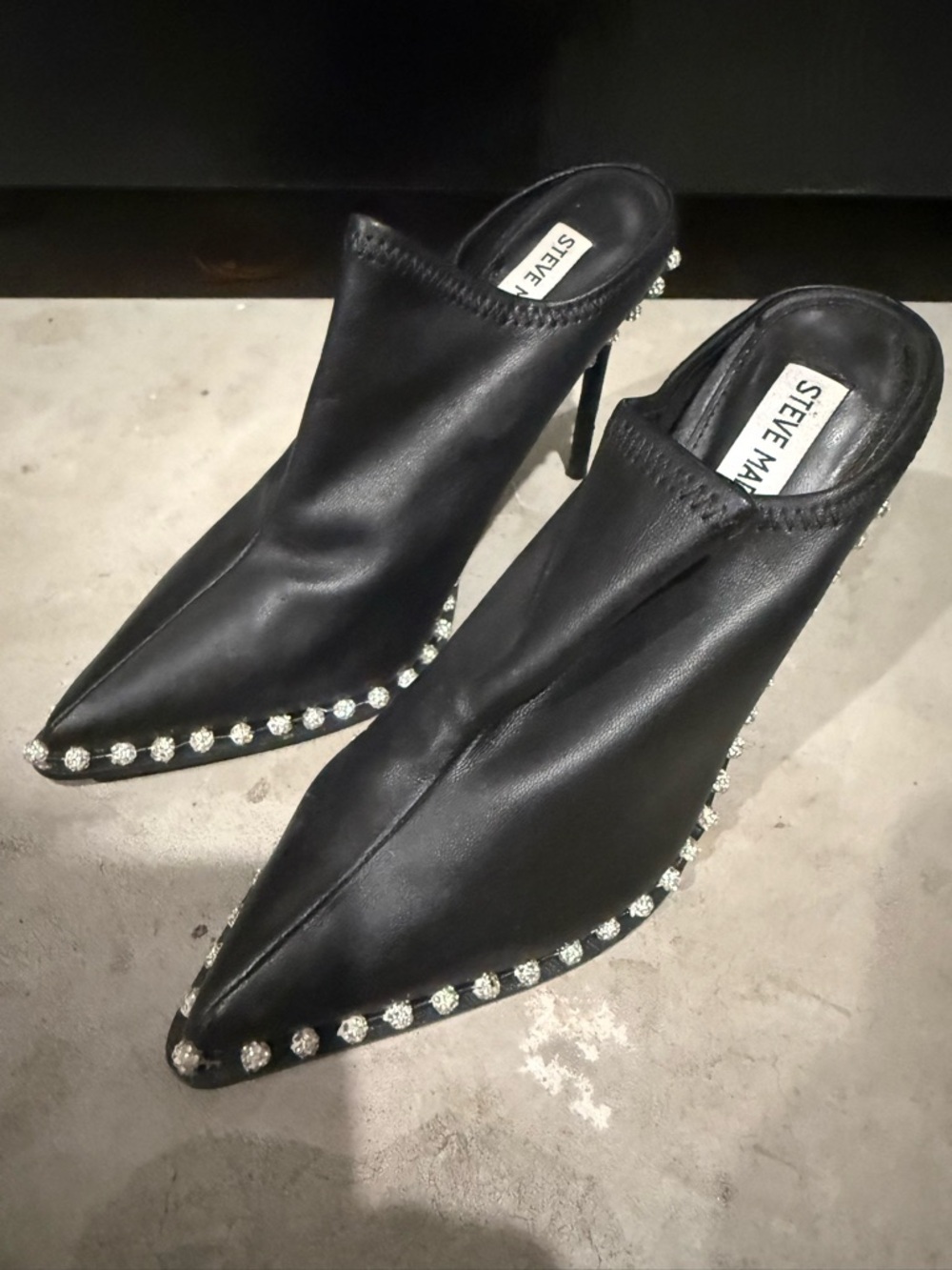 Steve Madden Black Leather Pointed Crystal-Trim Mules